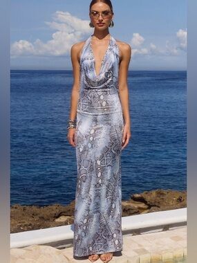 New Lotus Halter Cowl Maxi Dress in Steel Viper by Runaway The Label size medium